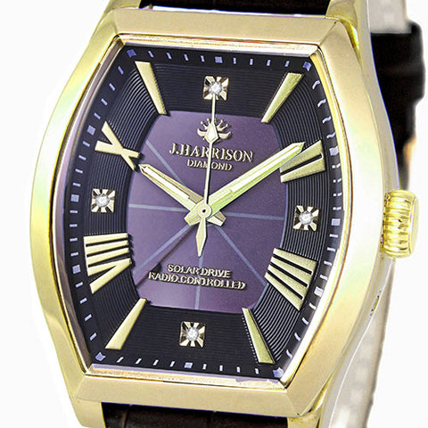 J.H-1883A-NV NV Solar-Powered Radio-Controlled Watch with 4 Natural Diamonds Genuine Leather Strap Crystal Glass Navy