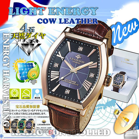 J.H-1883A-PB PB Luxury Solar-Powered Watch with 4 Natural Diamonds Genuine Leather Strap Crystal Glass Display Pink