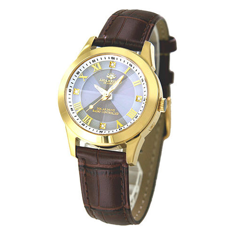 J.H-2071A-LGW LGW Solar-Powered Radio-Controlled Watch with 4 Natural Diamonds Genuine Leather Strap Crystal Glass Cover