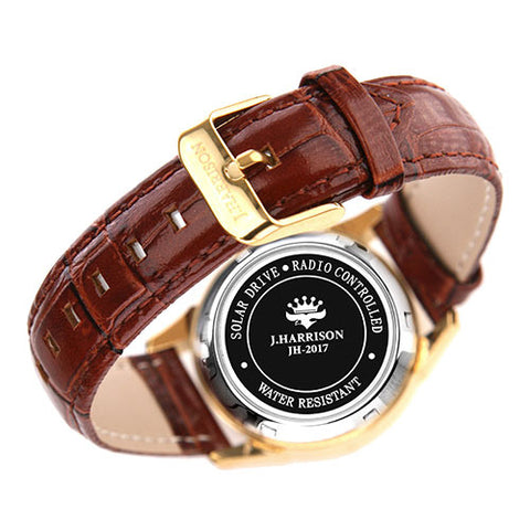 J.H-2071A-LGW LGW Solar-Powered Radio-Controlled Watch with 4 Natural Diamonds Genuine Leather Strap Crystal Glass Cover