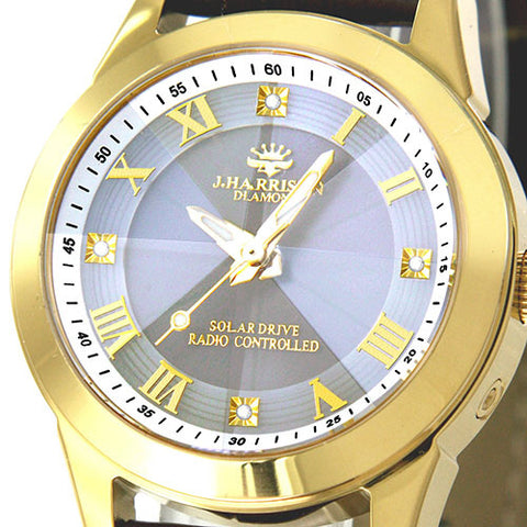 J.H-2071A-LGW LGW Solar-Powered Radio-Controlled Watch with 4 Natural Diamonds Genuine Leather Strap Crystal Glass Cover