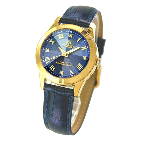 J.H-2071A-LNV LNV Natural Diamond Accents Genuine Leather Strap Solar-Powered Radio-Controlled Timepiece Navy