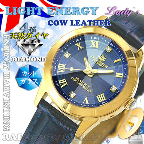 J.H-2071A-LNV LNV Natural Diamond Accents Genuine Leather Strap Solar-Powered Radio-Controlled Timepiece Navy