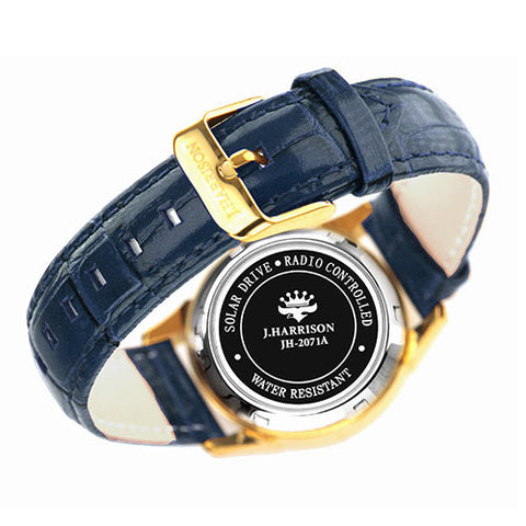 J.H-2071A-LNV LNV Natural Diamond Accents Genuine Leather Strap Solar-Powered Radio-Controlled Timepiece Navy