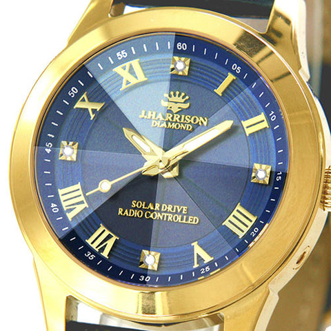 J.H-2071A-LNV LNV Natural Diamond Accents Genuine Leather Strap Solar-Powered Radio-Controlled Timepiece Navy