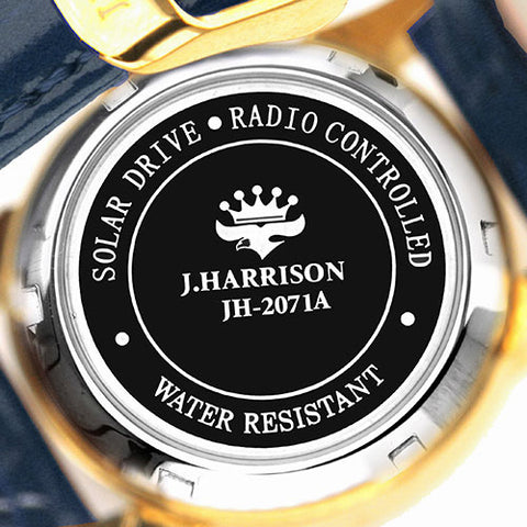J.H-2071A-LNV LNV Natural Diamond Accents Genuine Leather Strap Solar-Powered Radio-Controlled Timepiece Navy