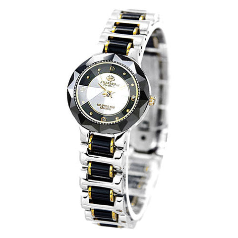 J.H-CCL001BS BS Elegant Ceramic Design 18K Gold Plated Crown Black Silver Finish 4 Natural Diamonds