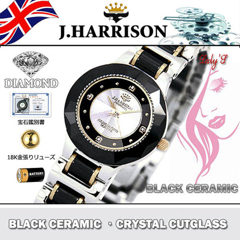 J.H-CCL001BS BS Elegant Ceramic Design 18K Gold Plated Crown Black Silver Finish 4 Natural Diamonds
