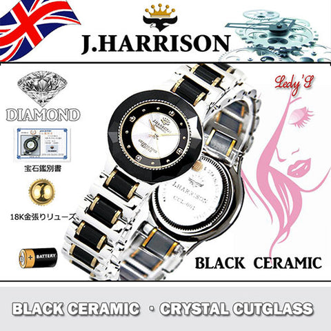 J.H-CCL001BS BS Elegant Ceramic Design 18K Gold Plated Crown Black Silver Finish 4 Natural Diamonds