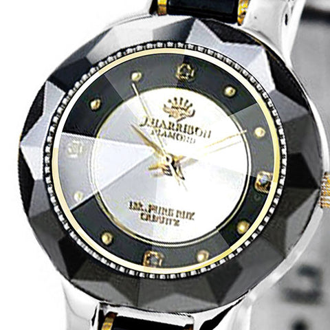 J.H-CCL001BS BS Elegant Ceramic Design 18K Gold Plated Crown Black Silver Finish 4 Natural Diamonds