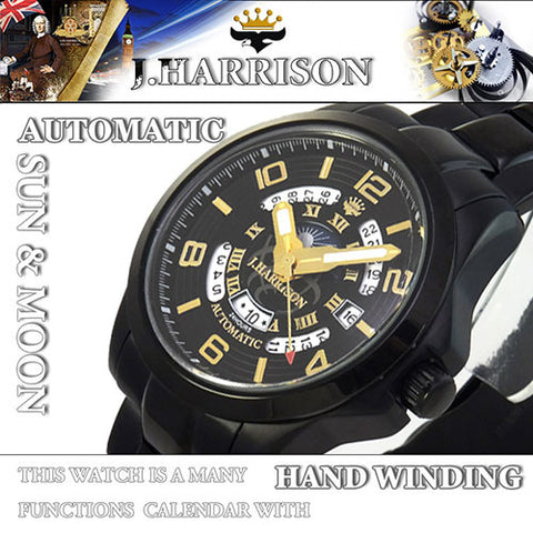 JH-022BKG G Men's Watch Sun & Moon Function 24-Hour Display Date Indicator Automatic & Manual Wind Black