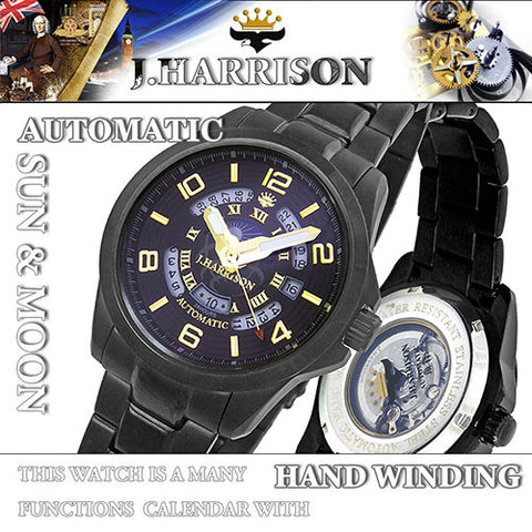 JH-022BKG G Men's Watch Sun & Moon Function 24-Hour Display Date Indicator Automatic & Manual Wind Black