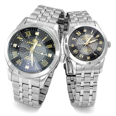 JH-083LGB B Elegant Quartz Watch with 4 Natural Diamonds Black Dial Stainless Steel Case Water Resistant