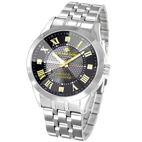 JH-083MGB B Men's Watch with 4 Natural Diamonds Quartz Movement Elegant Black Design Water Resistant