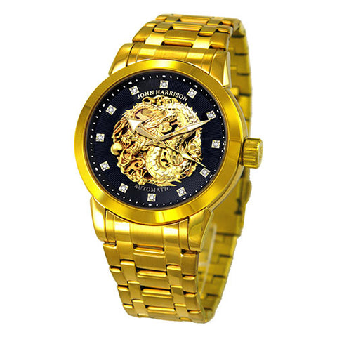 JH-2073GB B Men's Watch GOLD RUSH Dragon Design Hand-Wound Automatic Black Stainless Steel Water Resistant