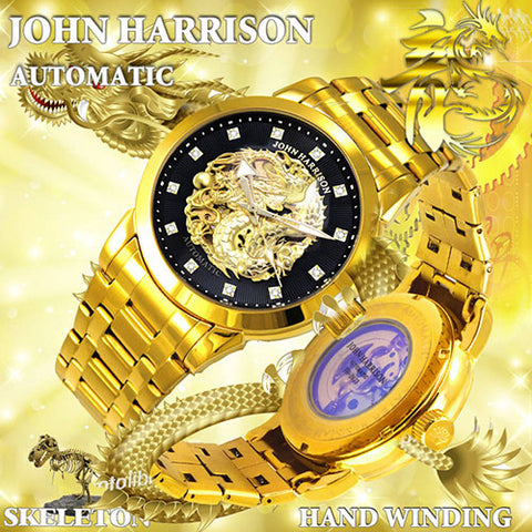 JH-2073GB B Men's Watch GOLD RUSH Dragon Design Hand-Wound Automatic Black Stainless Steel Water Resistant