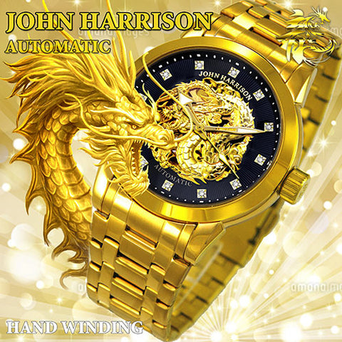 JH-2073GB B Men's Watch GOLD RUSH Dragon Design Hand-Wound Automatic Black Stainless Steel Water Resistant
