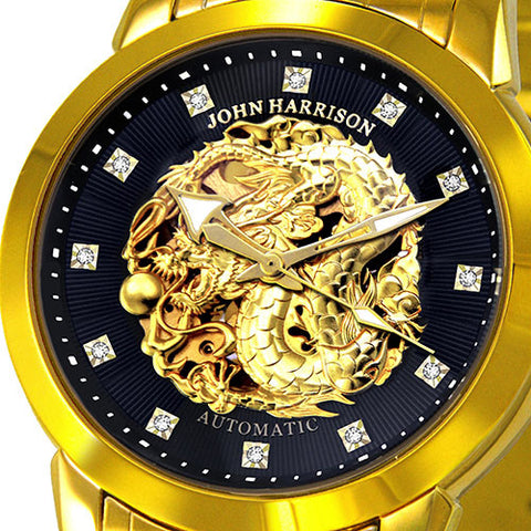 JH-2073GB B Men's Watch GOLD RUSH Dragon Design Hand-Wound Automatic Black Stainless Steel Water Resistant