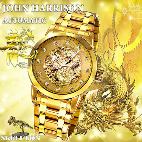 JH-2073GG G Men's Gold Rush Dragon Automatic Hand-Wound Watch Gold Stainless Steel Water Resistant Elegant Design