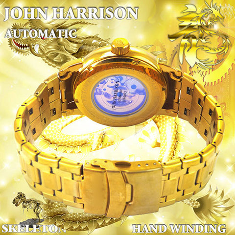 JH-2073GG G Men's Gold Rush Dragon Automatic Hand-Wound Watch Gold Stainless Steel Water Resistant Elegant Design