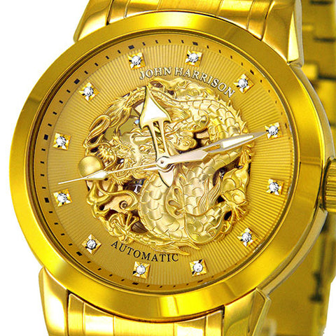 JH-2073GG G Men's Gold Rush Dragon Automatic Hand-Wound Watch Gold Stainless Steel Water Resistant Elegant Design
