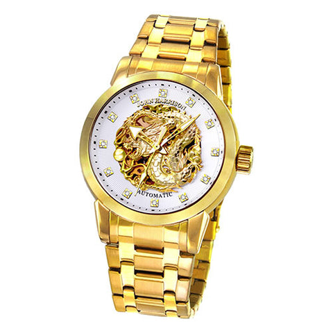 JH-2073GW W Men's Watch GOLD RUSH Dragon Design Hand-Wound Automatic White Dial Stainless Steel Case Water Resistant