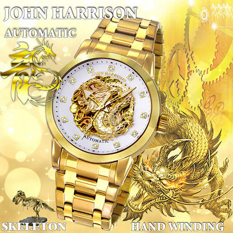 JH-2073GW W Men's Watch GOLD RUSH Dragon Design Hand-Wound Automatic White Dial Stainless Steel Case Water Resistant