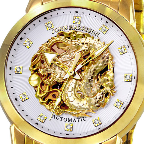 JH-2073GW W Men's Watch GOLD RUSH Dragon Design Hand-Wound Automatic White Dial Stainless Steel Case Water Resistant