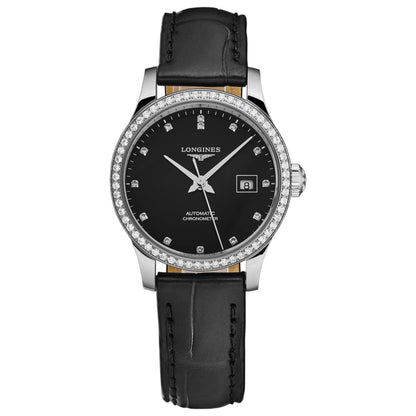 LONGINES L23210572 Record Black Watch with 5 Year Warranty, Elegant Design, Swiss Made Precision, and Timeless Style