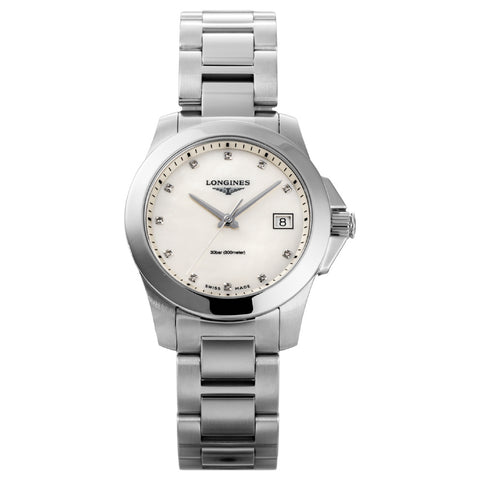 LONGINES L3.377.4.87.6 Watch - Conquest White Pearl Dial Swiss Automatic 2-Year Warranty Elegant Design