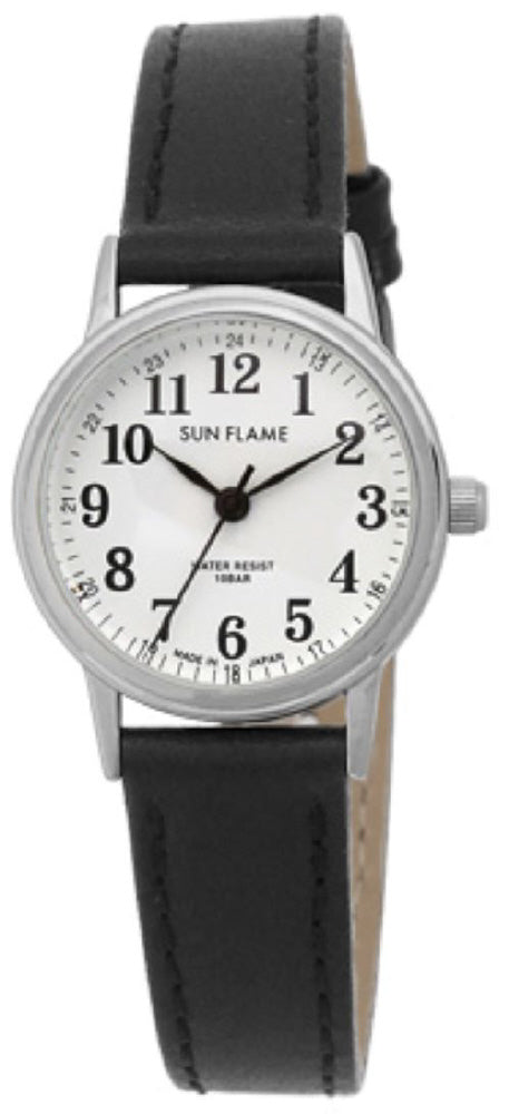 Sun Flame MJL-X06-BK Watch - Stainless Steel Elegant Design Genuine Leather Strap Water Resistant Made in Japan