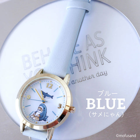 MSD002-3(ｻﾒ1) ) Mofusand Leather Watch Cute Shark Design Adjustable Strap Water Resistant Stylish Blue Color