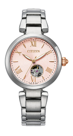 CITIZEN PR105050W Mechanical Open Heart Automatic Movement Elegant Design Stainless Steel Case 50M Water Resistance