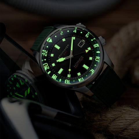 SPINNAKER SP-5121-44 Bradner GMT Automatic 2-Year Warranty Black Green Strap Water Resistant Stylish Design