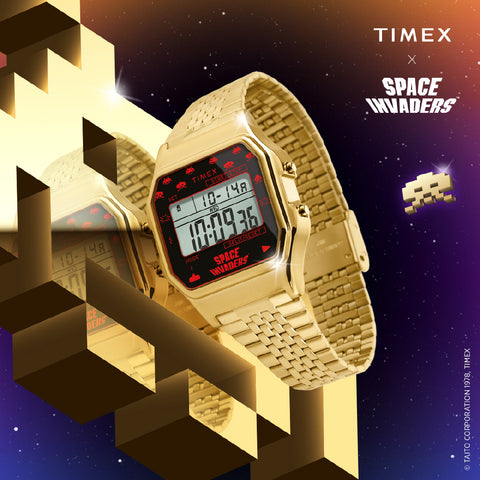 TIMEX TW2V30100 Space Invaders Collaboration Retro Digital Watch Water Resistant Gold Finish 1-Year Warranty