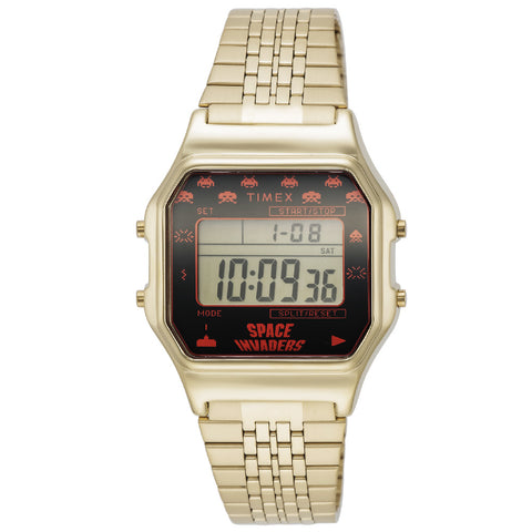 TIMEX TW2V30100 Space Invaders Collaboration Retro Digital Watch Water Resistant Gold Finish 1-Year Warranty