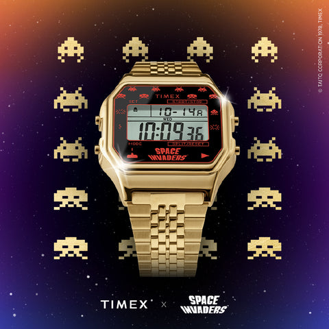 TIMEX TW2V30100 Space Invaders Collaboration Retro Digital Watch Water Resistant Gold Finish 1-Year Warranty