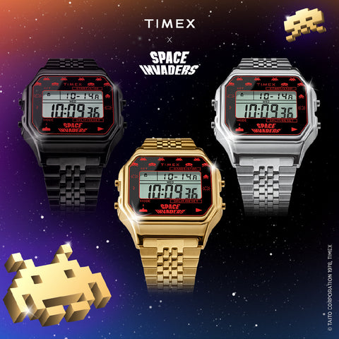 TIMEX TW2V30100 Space Invaders Collaboration Retro Digital Watch Water Resistant Gold Finish 1-Year Warranty