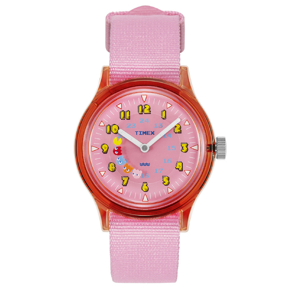 TIMEX TW2V93900 Watch - Pac Man Camper 1-Year Warranty Pink Water Resistant Retro Design Stylish Casual Watch
