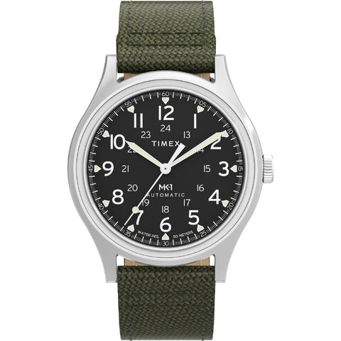 TIMEX TW2Y07800 Watch - MK1 Automatic 1-Year Warranty Black Dial Green Band Water Resistant Stylish Design