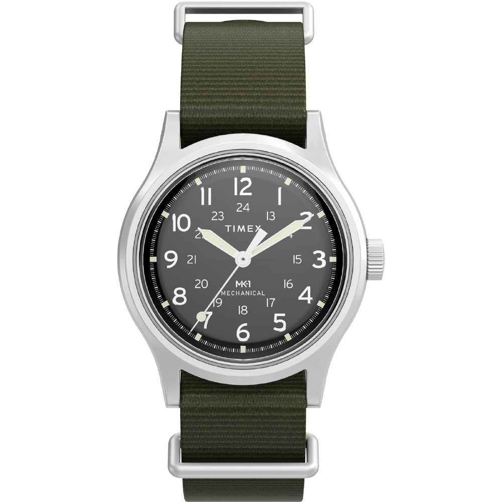 TIMEX TW2Y07900 Watch - MK1 Handwind 1-Year Warranty Black Dial Durable Khaki Green Strap Classic Design