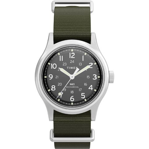 TIMEX TW2Y07900 Watch - MK1 Handwind 1-Year Warranty Black Dial Durable Khaki Green Strap Classic Design