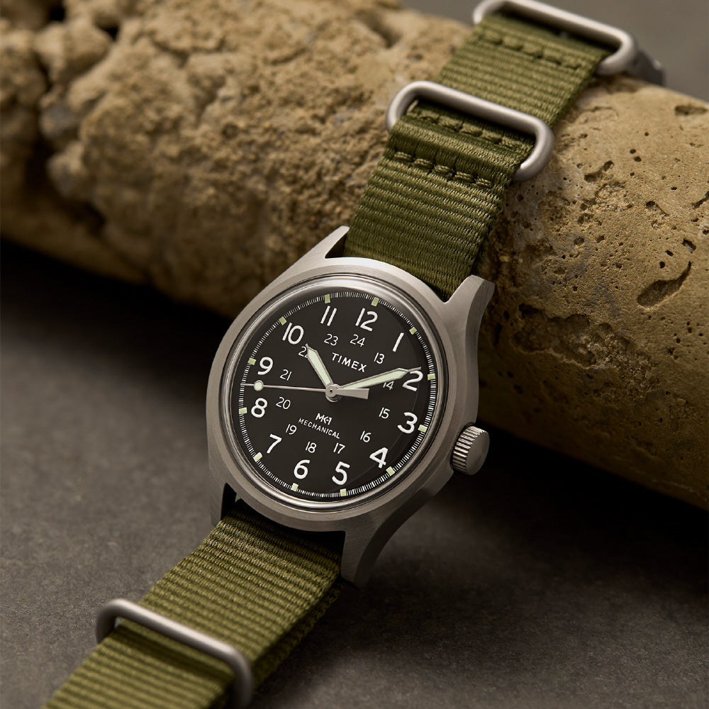TIMEX TW2Y07900 Watch - MK1 Handwind 1-Year Warranty Black Dial Durable Khaki Green Strap Classic Design (Image 6)