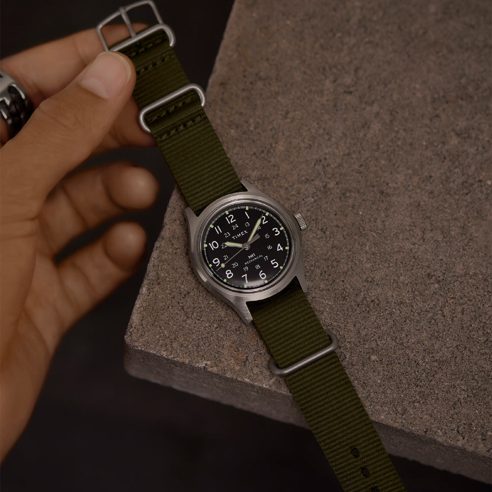 TIMEX TW2Y07900 Watch - MK1 Handwind 1-Year Warranty Black Dial Durable Khaki Green Strap Classic Design (Image 8)
