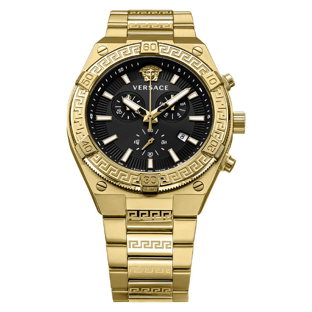 VERSACE VESO00922 Watch - Sporty Greca Design Gold Case Black Dial Water Resistant 2-Year Warranty Stylish Luxury Watch