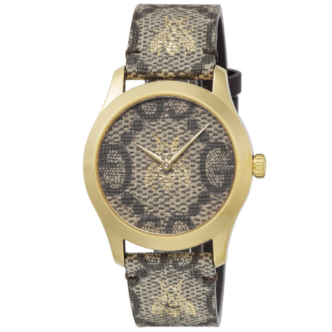 GUCCI YA1264068 G-Timeless 2-Year Warranty Brown Leather Strap Swiss Movement Elegant Design